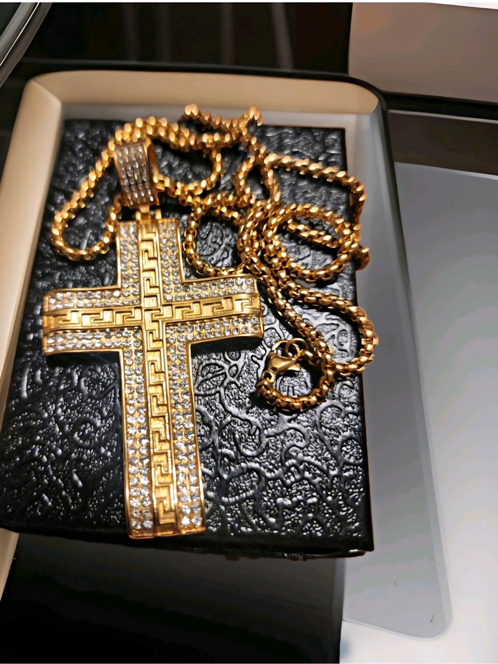 Gold-Tone Cross Pendant Necklace with Clear Stones - Men Accessories